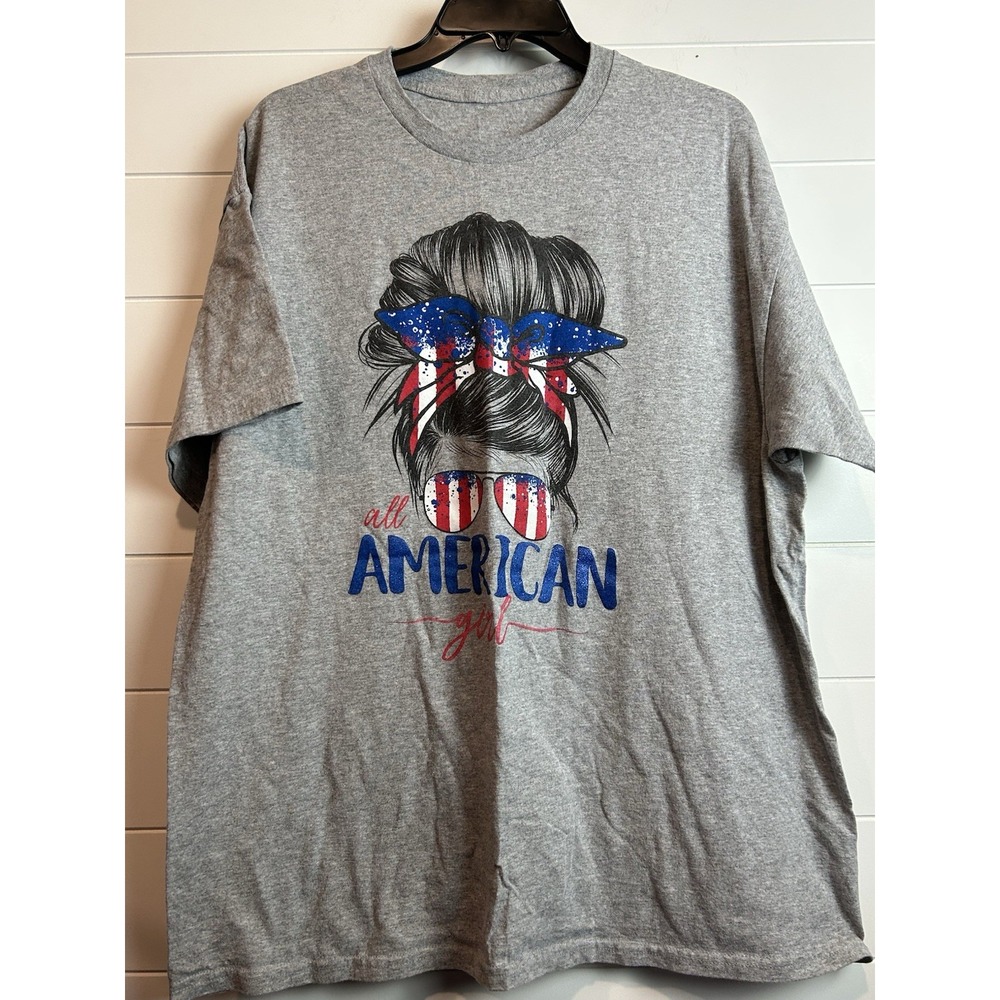 Messy Bun‎ "All American Girl"  Womens XL Gray Tshirt  READ Description